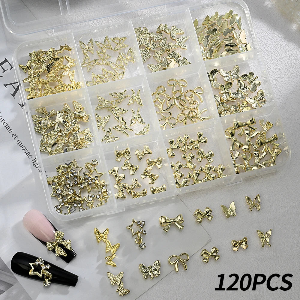 120pcs/box 3D Gold Bow Butterfly Nail Metal Charms Shiny Cute Bowtie/Diamond Star Nail Jewelry 120 Luxury Nail Art Supplies #RE4 Good Vibrations