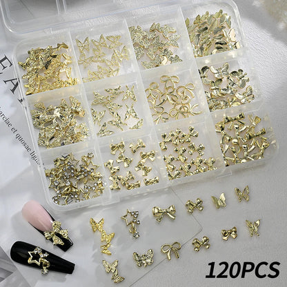 120pcs/box 3D Gold Bow Butterfly Nail Metal Charms Shiny Cute Bowtie/Diamond Star Nail Jewelry 120 Luxury Nail Art Supplies #RE4 Good Vibrations