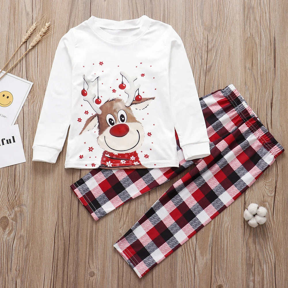 Family Christmas Matching Pajamas Set 2026 New Year Xmas Clothes Father Mom and Me Deer Top Red Plaid Pants Nightwear Pjs Outfit Good Vibrations