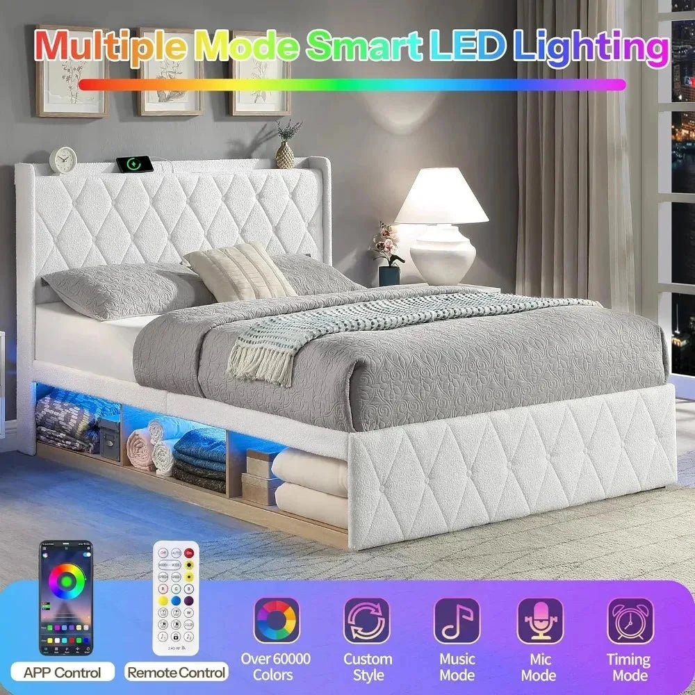 Bed Frame with 6 Storage Cabinet and LED Lights, Boucle Upholstered Button Tufted Headboard - Includes Charging Station Good Vibrations