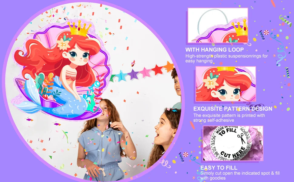Mermaid Piñata,13.6'' Mermaid Party Pinata Set-Mermaid Piñata Large Blindfold Stick etc Mermaid Birthday Party Supplies for Kids Good Vibrations