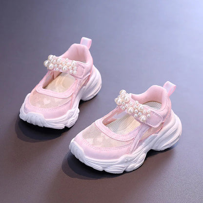 Girls' Mesh Hollowed Tennis Shoes 2024 Summer New Children's Solid Color Pearl Sports Shoes Kids Cute Heart Princess Sneakers Good Vibrations