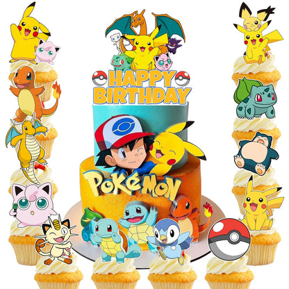 Pokemon Cake Toppers,24pcs Pokemon Cupcake Toppers&1pcs Large Pokemon Birthday Cake Topper for Pokemon Birthday Party Decoration Good Vibrations
