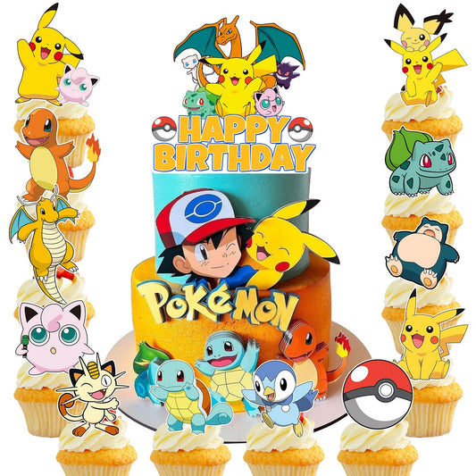 Pokemon Cake Toppers,24pcs Pokemon Cupcake Toppers&1pcs Large Pokemon Birthday Cake Topper for Pokemon Birthday Party Decoration Good Vibrations