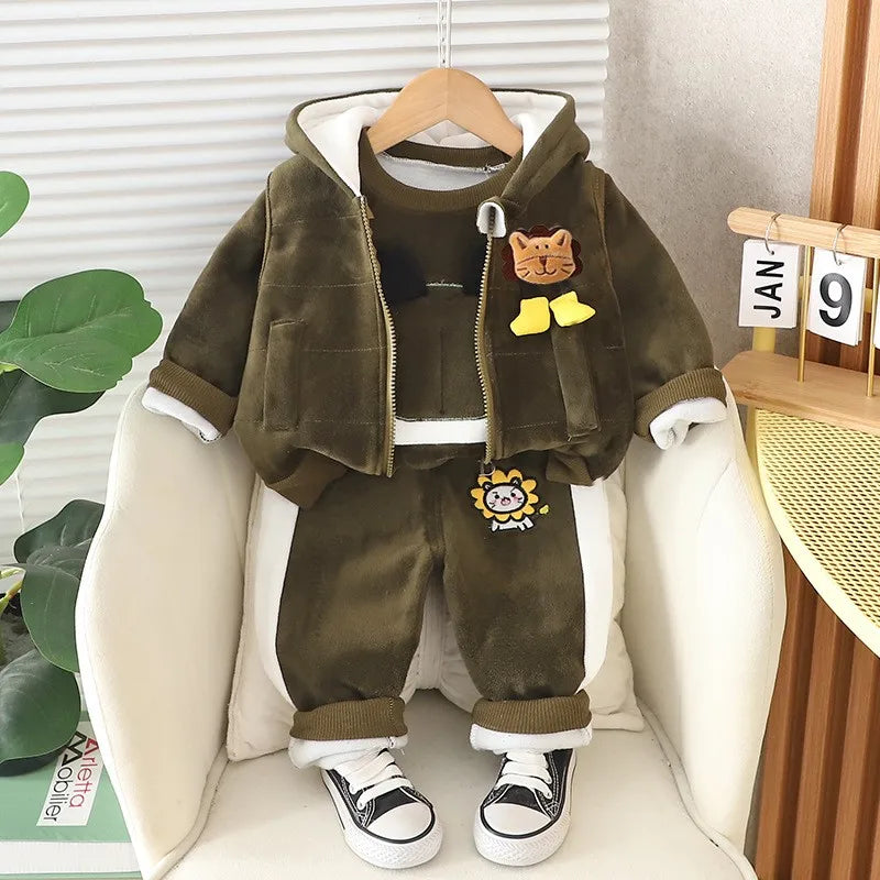 Baby Boys Clothing Set Autumn Winter Cartoon Lion Fleece Thick Hooded Jacket Coat Pants 3Pc Suit for 1-4 Years Kids Warm Outfits Good Vibrations