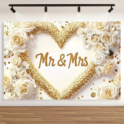 1 bride and groom wedding background banner, polyester non-electric seasonal party decoration for spring, summer, fall, birthday