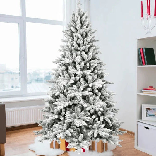 7ft Realistic Artificial Christmas Tree 1514 Tips PE+PVC Snowy Hinged Tree with Metal Stand Flocked Full-size Holiday Decoration Good Vibrations