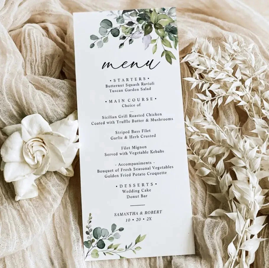 Customizable Wedding Menu, Personalized Wedding Menu, Green leaves and Flowers Menu Cards for Wedding, Custom Wedding Table Menu Good Vibrations