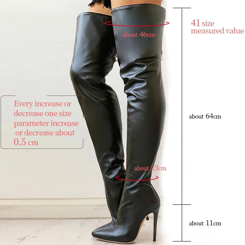 Women Boots Matte Black Pointy Toe Thigh High Long Boots Autumn Winter Zip Over-the-Knee Boots Party Shoes Plus Size 46 Stiletto Good Vibrations