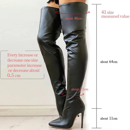 Women Boots Matte Black Pointy Toe Thigh High Long Boots Autumn Winter Zip Over-the-Knee Boots Party Shoes Plus Size 46 Stiletto Good Vibrations