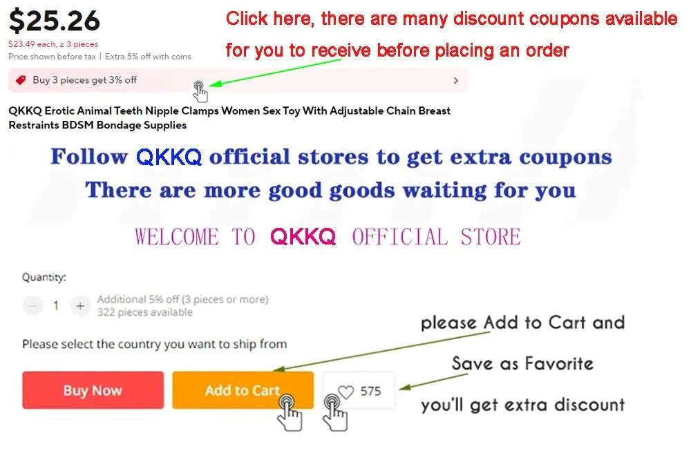 QKKQ official store promotional banner for metal bondage nipple clamps with discount offers and shopping cart options.