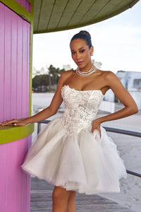 Affordable Short Bridal Dress - Shiny Tulle Skirt with Lace Applique, Ruffled Hem - Perfect for Casual Weddings Good Vibrations