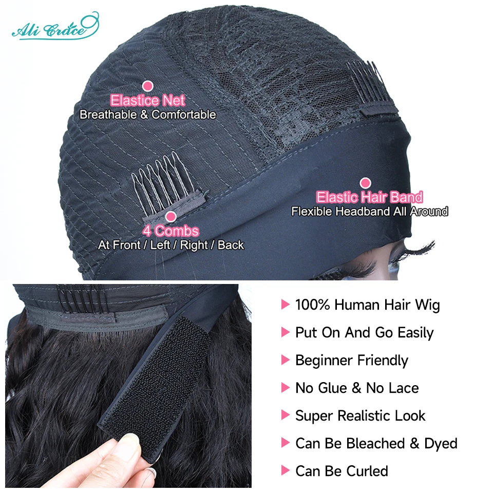 Ali Grace Glueless Wigs Straight Human Hair Wigs for Women Headband Hair Wigs With Adjustable Bangs Brazilian Straight Hair Wigs Good Vibrations