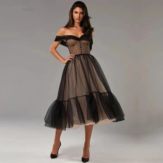 Customized Evening Dress Black Dots Tulle Tea-Length Pleat A-Line Off The Shoulder Plus size Women Formal Party Gown H858 Good Vibrations