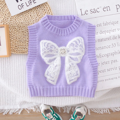 2025 Spring New Girls Clothing Set 1-5Y Girls Suit Solid Shirt Matched Bow Knit Vest And Blue Jeans 3 PCs Girls Suit Good Vibrations