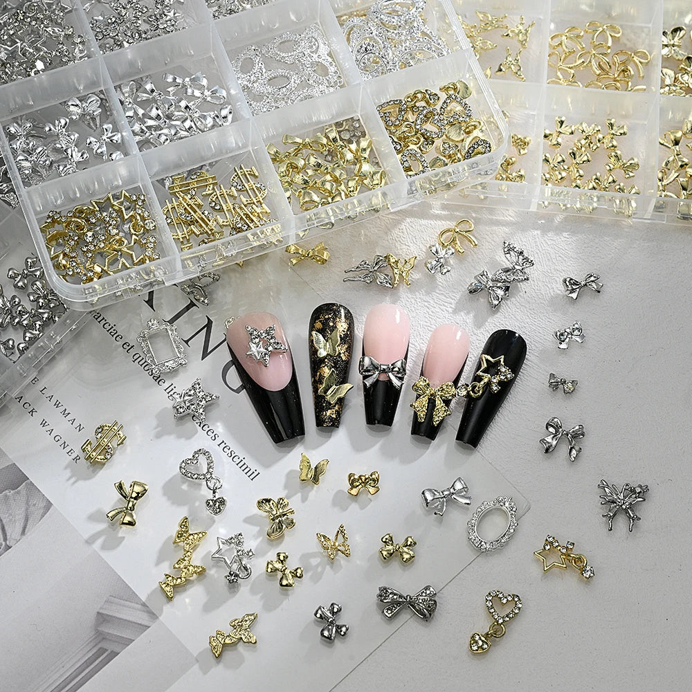 120pcs/box 3D Gold Bow Butterfly Nail Metal Charms Shiny Cute Bowtie/Diamond Star Nail Jewelry 120 Luxury Nail Art Supplies #RE4 Good Vibrations
