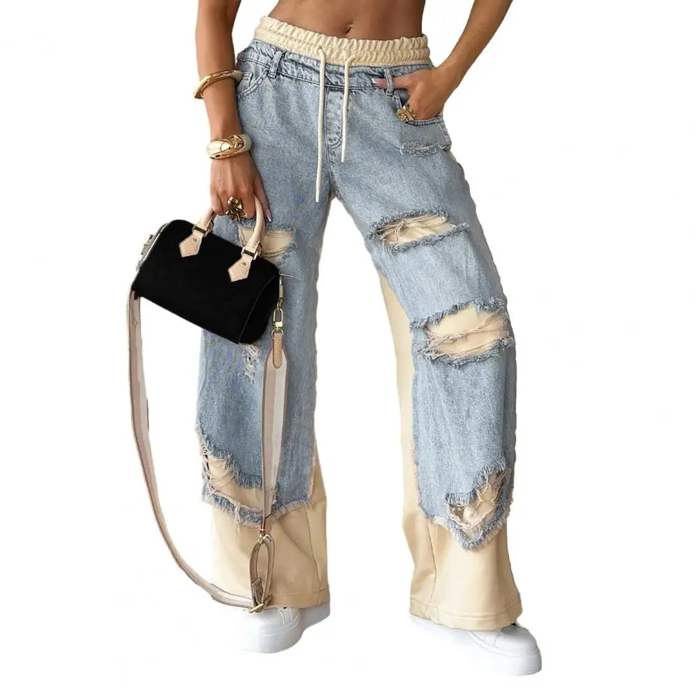 Summer Women's Large Hole Patchwork Jeans High Waist Wide Legs Trousers Cool Girl Casual Bottoms Female Denim Pants Good Vibrations