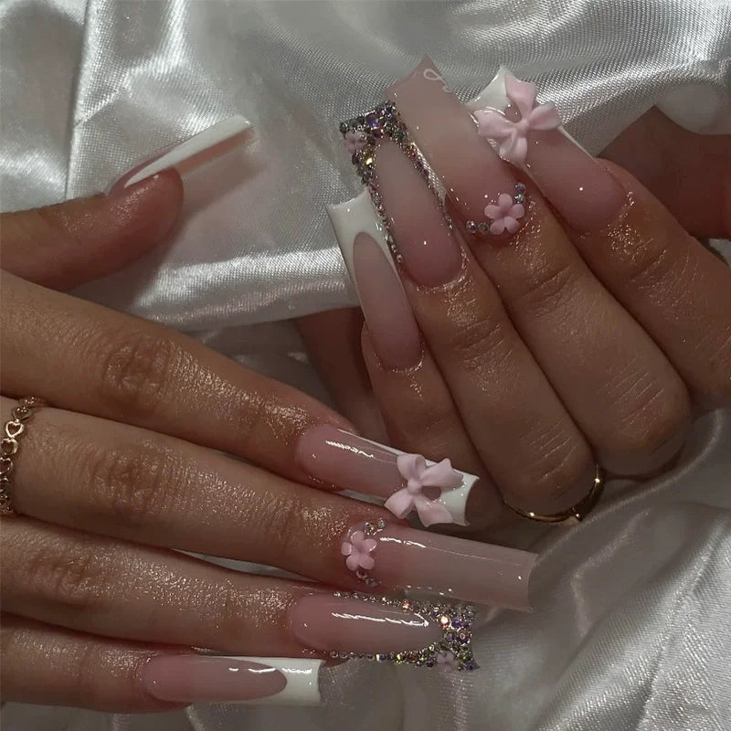 24Pcs Brown Long Coffin False Nails Glitter Ballet Wearable with French Design Fake nails Full Press on Nail Ins Nail Tips Art Good Vibrations