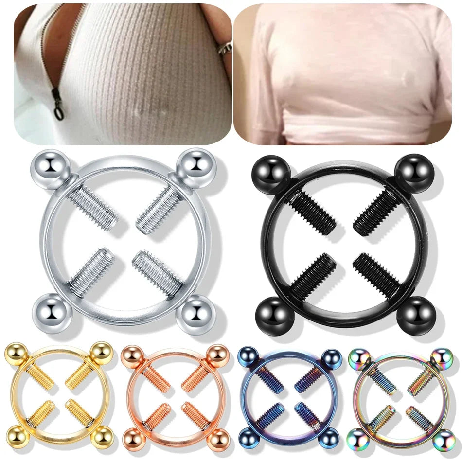 2pcs/lot Steel Round Screw Faux Nipple Clip Rings Sexy Piercing for Women Non Piercing Fake Breast Nail Shield Ring Jewelry Gift Good Vibrations