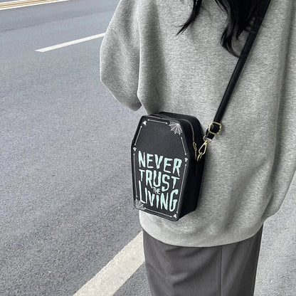 Gothic Shoulder Bag Women PU Leather Coffin Shape Handbag Adjustable Strap Hobo Bag Phone Bag for Halloween Cosplay Good Vibrations