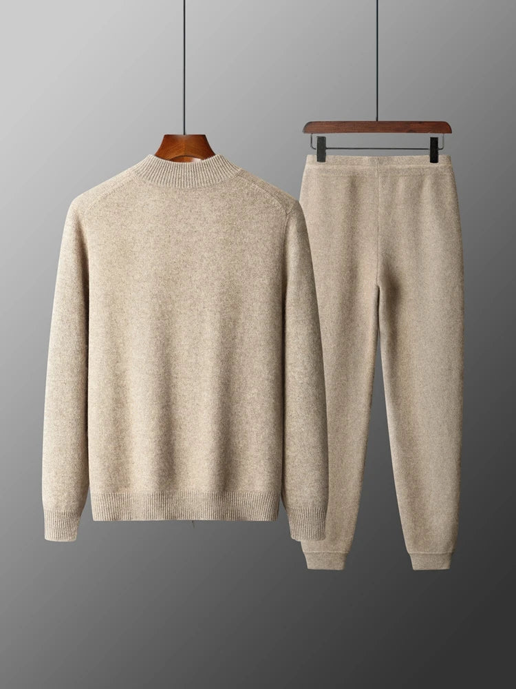 100% Merino Wool Two-piece Suit for Men Autumn Winter Knitting Zipper Cardigan and Slim-fit Pants Warm Thickened Clothing Sets Good Vibrations