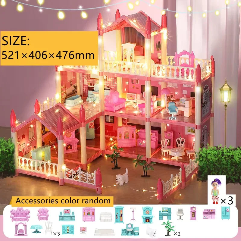 Large Dollhouse, Toddler House for Girls - with dolls, furniture, accessories, LED lights, 4 stories princess dream house toys Good Vibrations