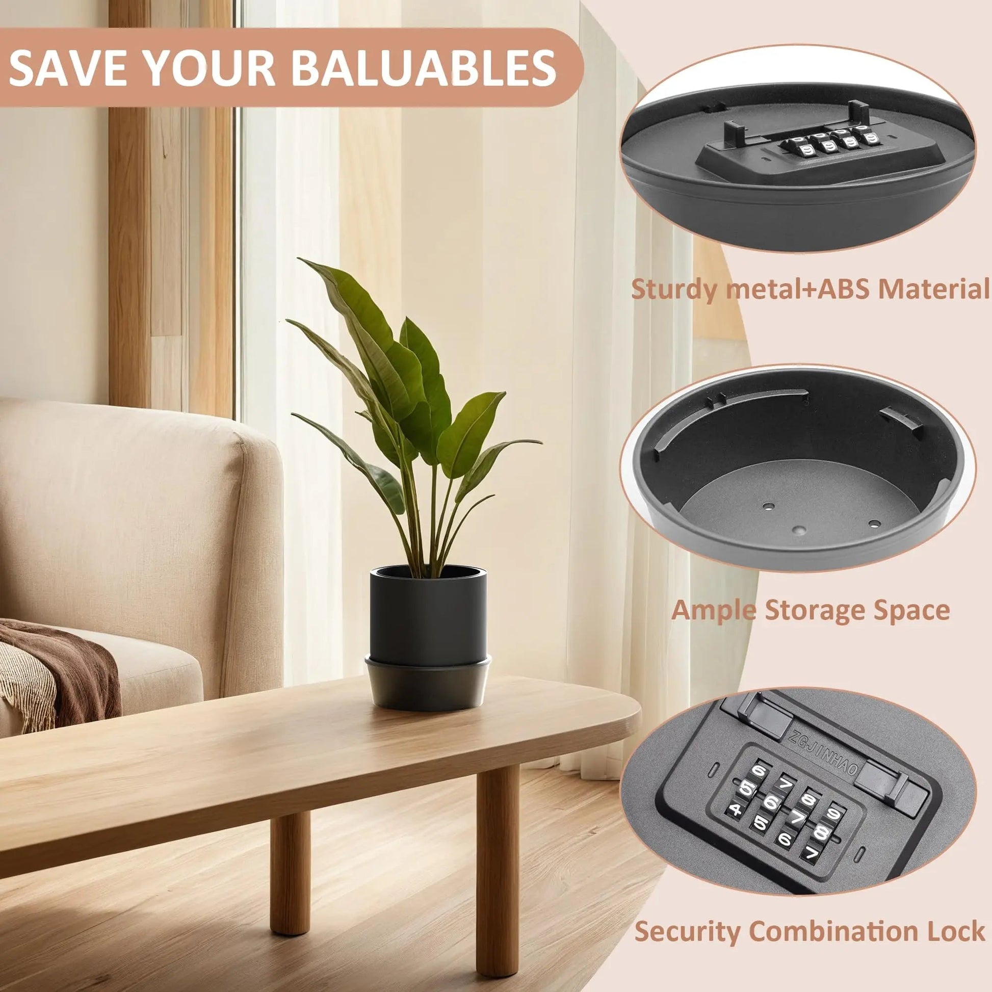 Hidden Key Box with Combination Lock Hidden Safe Small Storage Lockable Box with Code Outdoor Secret Items for Decor Flowerpot Good Vibrations