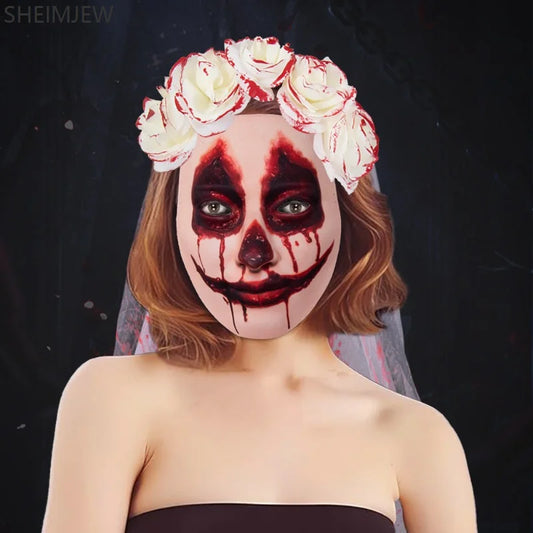 Halloween Gothic Bridal Veil Flower Headdress Bloody Mask Weird Role Playing Accessories Adult Horror Theme Party Costume Props Good Vibrations