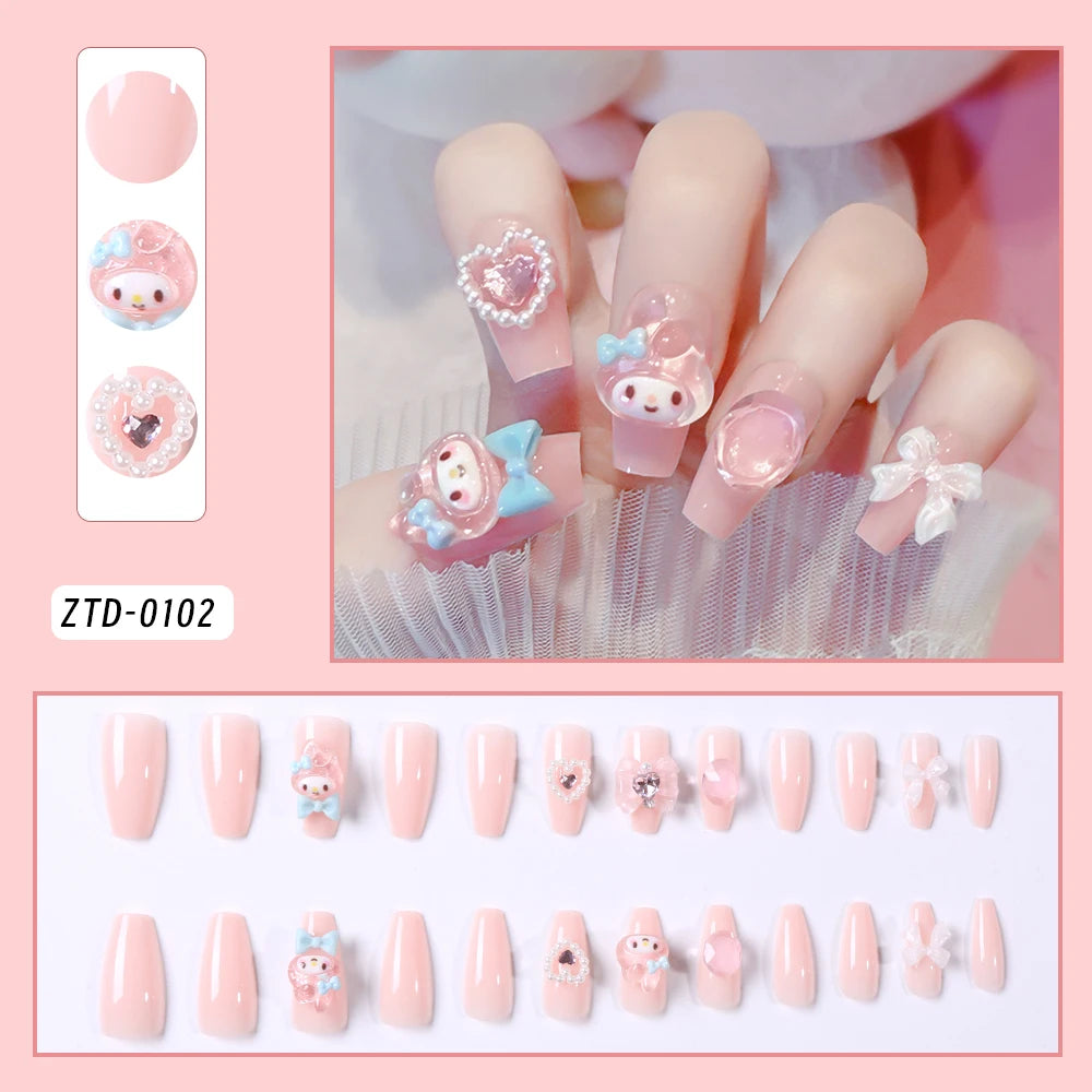 Sanrio Kawaii Pink My Melody Fake Nails 24Pc 3D kuromi Anime Cute Nail Patches False Nail Tips Cartoon Y2K Fashion Press on Nail Good Vibrations