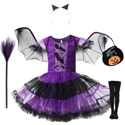 Halloween Costume for Girls Witch Vampire Carnival Party Dress Up Trappings Kids Cosplay Clothes Purple Bat Suit Holiday Gifts Good Vibrations