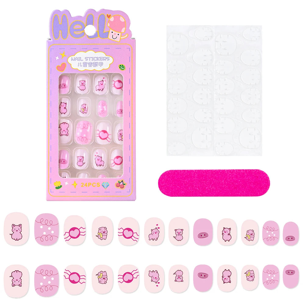 24Pcs/box Kids nails for Girl Cartoon Pattern False Nail Cute Child Fake Nails Tips Kawaii Acrylic Artificial Press on Nail+Tool Good Vibrations