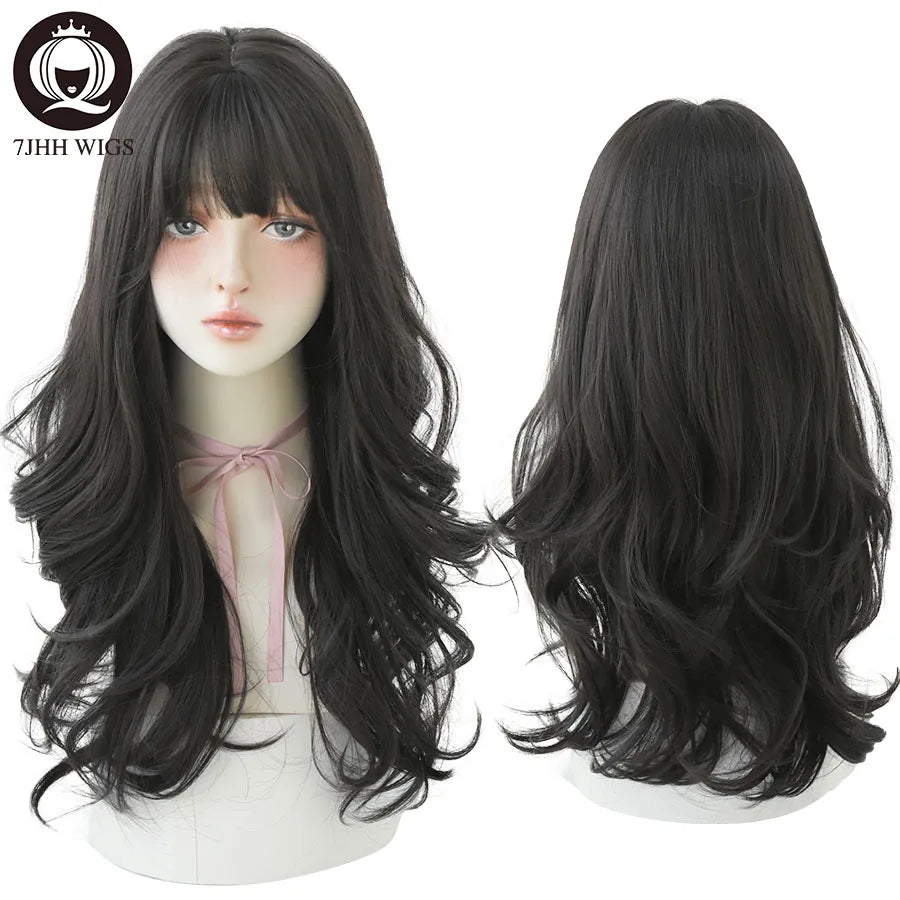 7JHHWIGS Long Wavy Synthetic Black Wigs For Women With Fringe Fashion Heat Resistant Mid-Length Daily Straight Light Brown Hair Good Vibrations