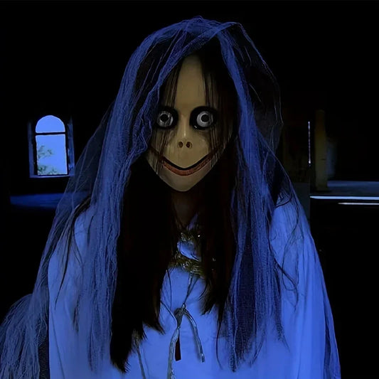 Halloween Horror Mask with Long Hair Funny Plastic Mask V-shaped Mouth Party Dress Up Ghost Mask Prop Cosplay props New 2025 Good Vibrations