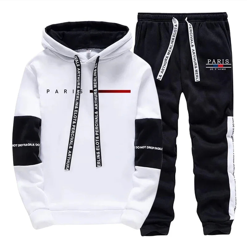 2025 Trendy Paris Print Hooded Tracksuit Men Winter Autumn Casual Jogging Outfit Athletic Sportswear Sweatpants Men's Clothes Good Vibrations