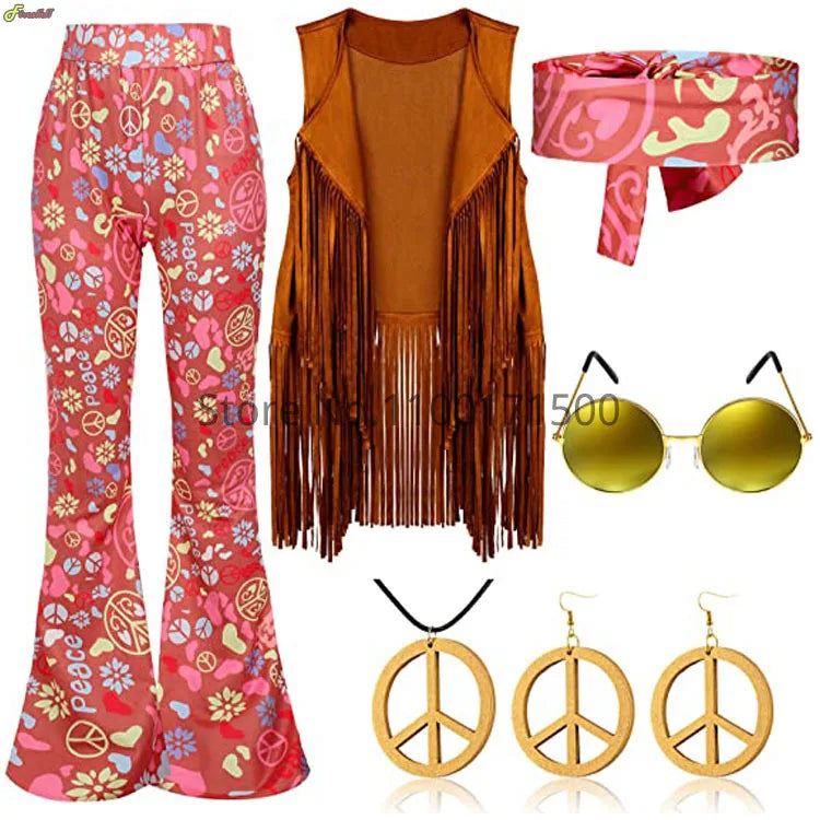 Halloween Hippie Costume Women's Set for Carnival 70s Clothing Accessories Six-Piece Set Tassel Vest+Pants+Headband Set Good Vibrations