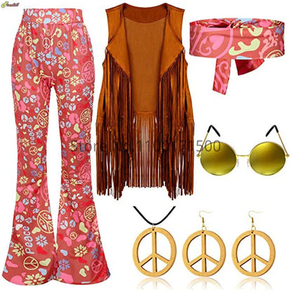 Halloween Hippie Costume Women's Set for Carnival 70s Clothing Accessories Six-Piece Set Tassel Vest+Pants+Headband Set Good Vibrations