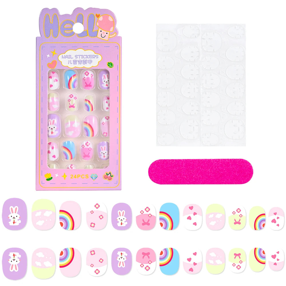 24Pcs/box Kids nails for Girl Cartoon Pattern False Nail Cute Child Fake Nails Tips Kawaii Acrylic Artificial Press on Nail+Tool Good Vibrations