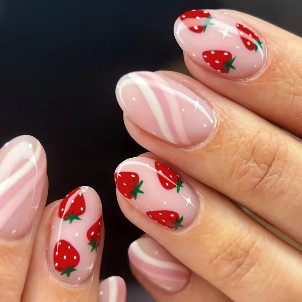 24pcs Short Glossy Oval Fake Nails Cute Sweet Strawberry Fake Nail Patch Wearable Full Cover for Girl Press on Nail Tips Good Vibrations