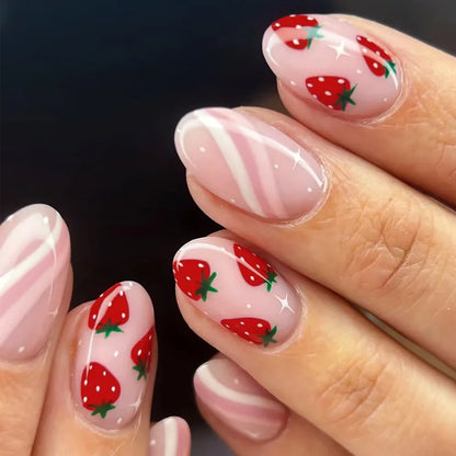 24pcs Short Glossy Oval Fake Nails Cute Sweet Strawberry Fake Nail Patch Wearable Full Cover for Girl Press on Nail Tips Good Vibrations
