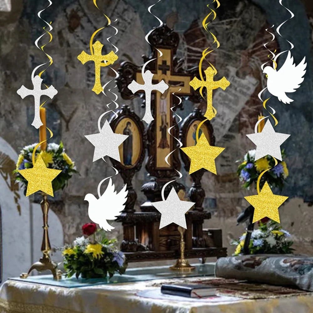 Religious Party Decor Set First Communion Baptism Hanging Swirls & Wooden Confetti Cross Dove Star for Christian Party Supplies Good Vibrations