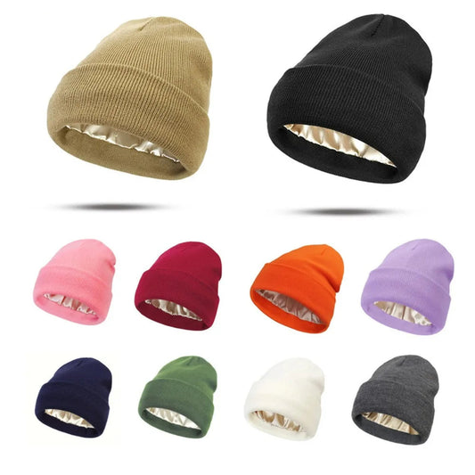 Women's Hats for Autumn&Winter-Comfortable Stylish Versatile Warm-Keeping Hairstyle-Protecting Knitted Satin Woolen Hats Good Vibrations