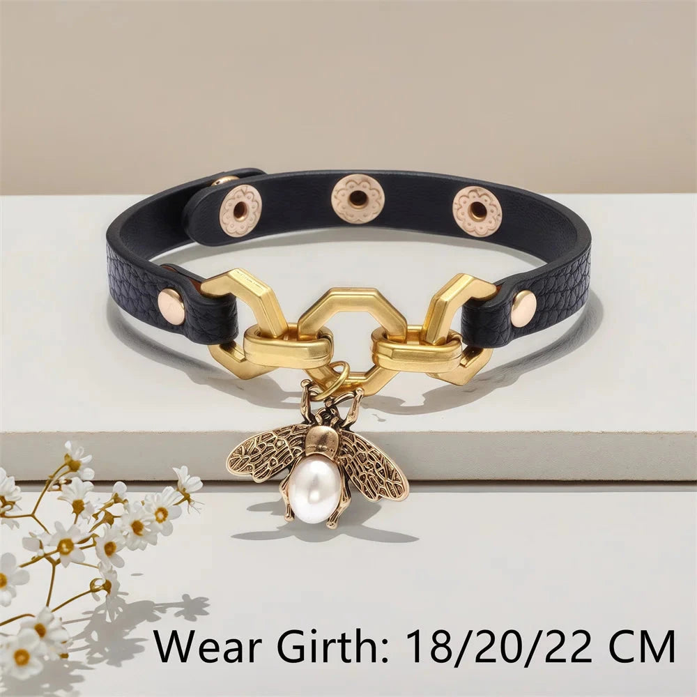 Charmsmic New Vivid Bee Pendant Charms Bracelets & Bangles For Women Punk Style Brown PU Leather Metal Button Jewelry 2024 Good Vibrations