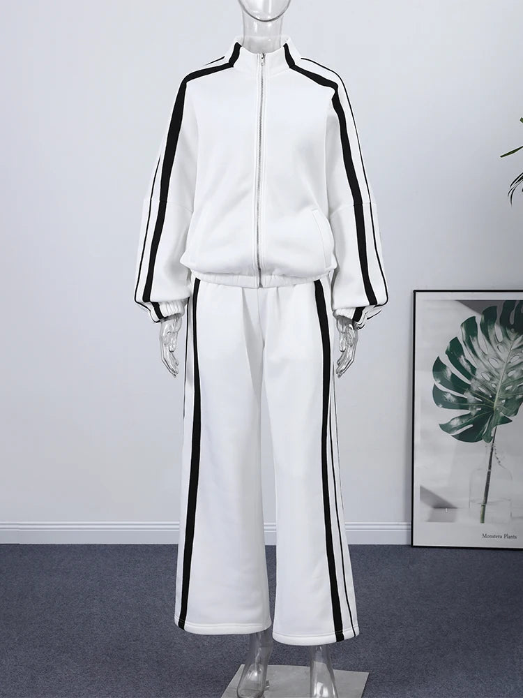 Stripe Contrasted Sweatshirt Pant Set Women Casual Stand Collar Full Sleeve Zippers Sport Coat Wide Leg Trousers 2 Piece Sets Good Vibrations