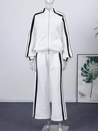 Stripe Contrasted Sweatshirt Pant Set Women Casual Stand Collar Full Sleeve Zippers Sport Coat Wide Leg Trousers 2 Piece Sets Good Vibrations