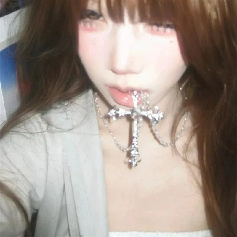 Gothic Cross Necklace for Women Men Vintage Long Layered Pendant Necklace Dark Aesthetic Choker Punk Y2K Jewelry Accessories Good Vibrations