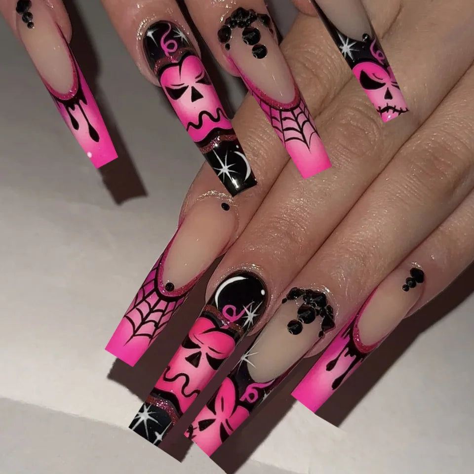 24pcs Glitter Pink Sequins Fake Nails 2025 Halloween Scary Skull Love Print False Nails Wearable European Ballet Press on Nails Good Vibrations