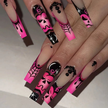 24pcs Glitter Pink Sequins Fake Nails 2025 Halloween Scary Skull Love Print False Nails Wearable European Ballet Press on Nails Good Vibrations