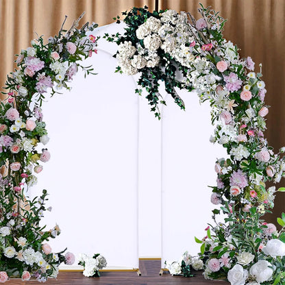 Wedding Arch Backdrop Stand and Cover Set (7.2FT, 6.6FT, 5.9FT) 3 Gold Metal Arch Stands 3 White Spandex Arch Covers for Party Good Vibrations