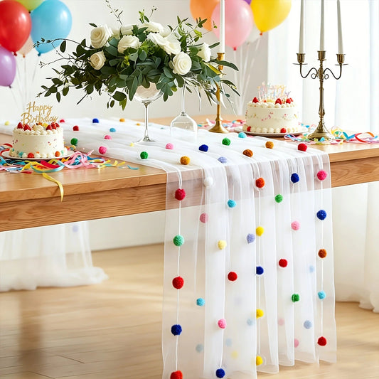 Cute Party Tablecloth with 3D velvet pom-poms & confetti tulle runner. Colored polka dot mesh. Rainbow decor for birthdays ﻿ ﻿ Good Vibrations
