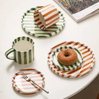 Ceramic Coffee Mug Three-piece Set Hand-painted Striped Mug Afternoon Camellia Tea Mug Breakfast Milk Oatmeal Mug Cake Plate New Good Vibrations